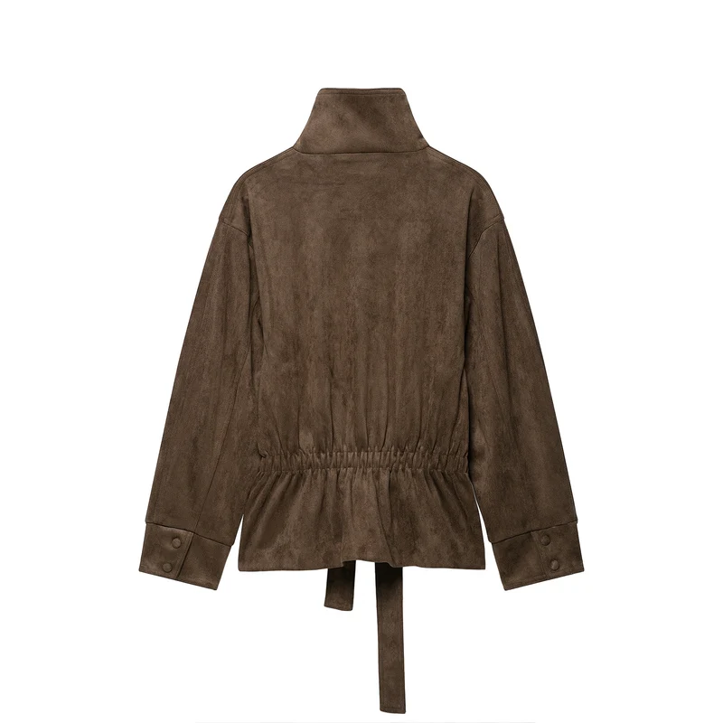 Damen Kurze Veloursleder-Utilityjacke mit hohem Stehkragen und Bindegürtel Drune