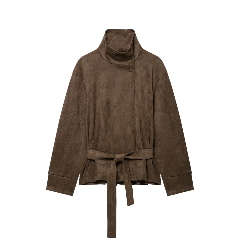 Damen Kurze Veloursleder-Utilityjacke mit hohem Stehkragen und Bindegürtel Drune