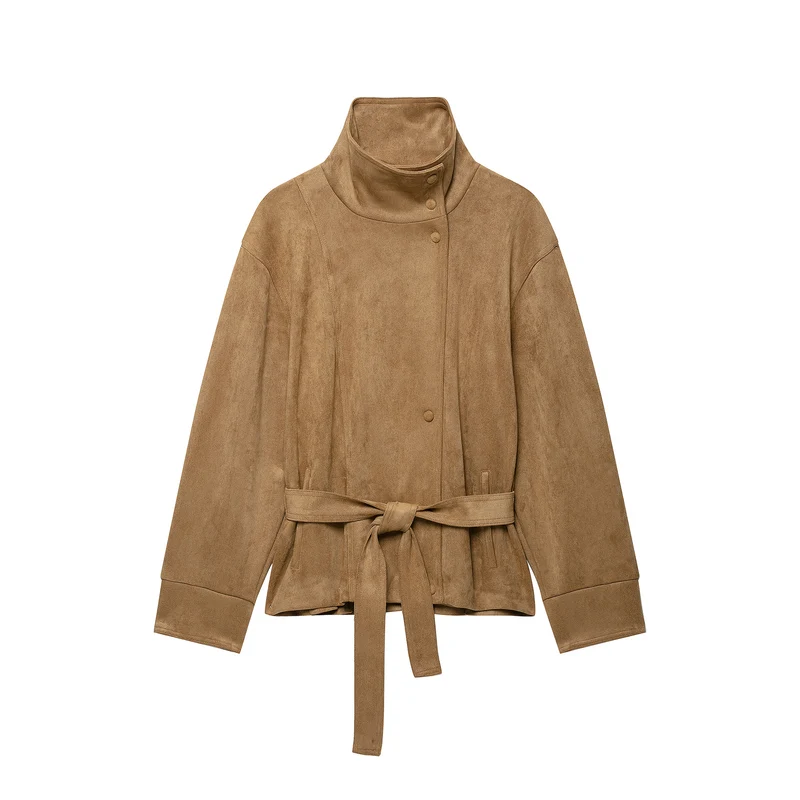 Damen Kurze Veloursleder-Utilityjacke mit hohem Stehkragen und Bindegürtel Drune