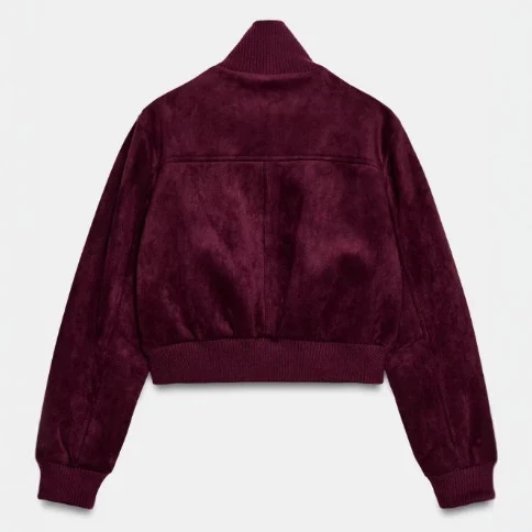 Damen Kurze Veloursleder-Bomberjacke mit hohem Rippenkragen, elastischem Saum und Eingrifftaschen Drune