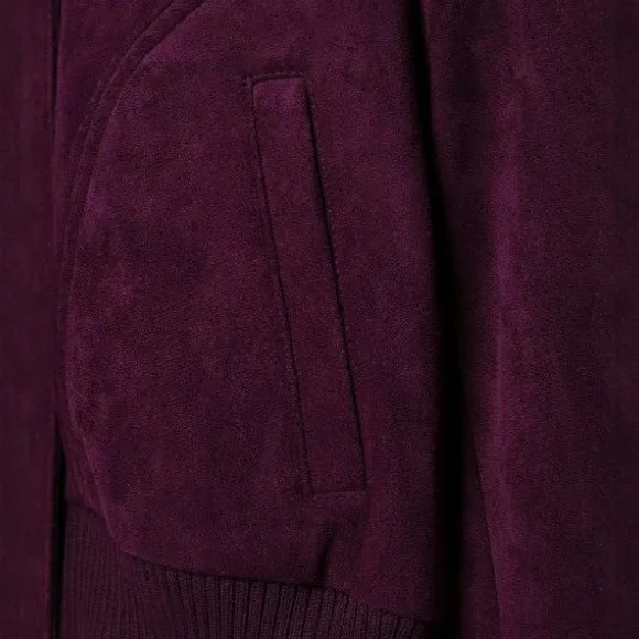 Damen Kurze Veloursleder-Bomberjacke mit hohem Rippenkragen, elastischem Saum und Eingrifftaschen Drune