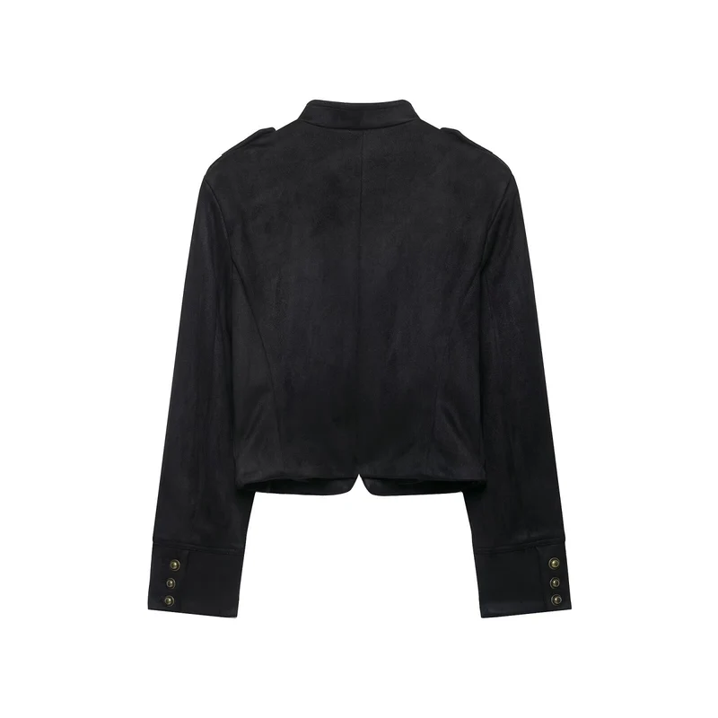 Damen Kurze Veloursjacke im Budapester‑Militärstil mit Stehkragen und dekorativen Metallknöpfen Drune