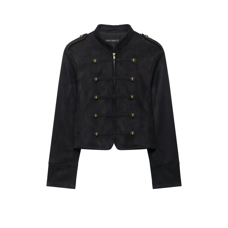 Damen Kurze Veloursjacke im Budapester‑Militärstil mit Stehkragen und dekorativen Metallknöpfen Drune