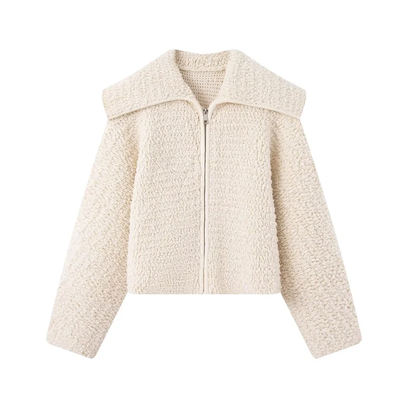 Damen Kurze Teddy‑Fleecejacke mit großem Umlegekragen und Reißverschluss Drune