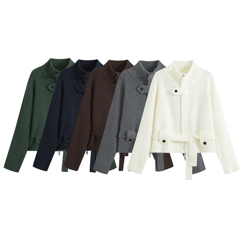 Damen Kurze Strickjacke im Blousonstil mit Stehkragen und Bindegürtel Drune