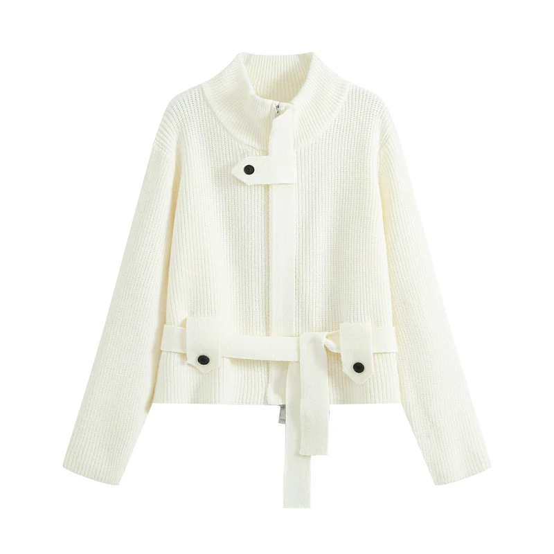 Damen Kurze Strickjacke im Blousonstil mit Stehkragen und Bindegürtel Drune