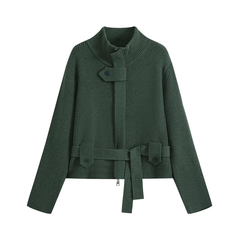Damen Kurze Strickjacke im Blousonstil mit Stehkragen und Bindegürtel Drune