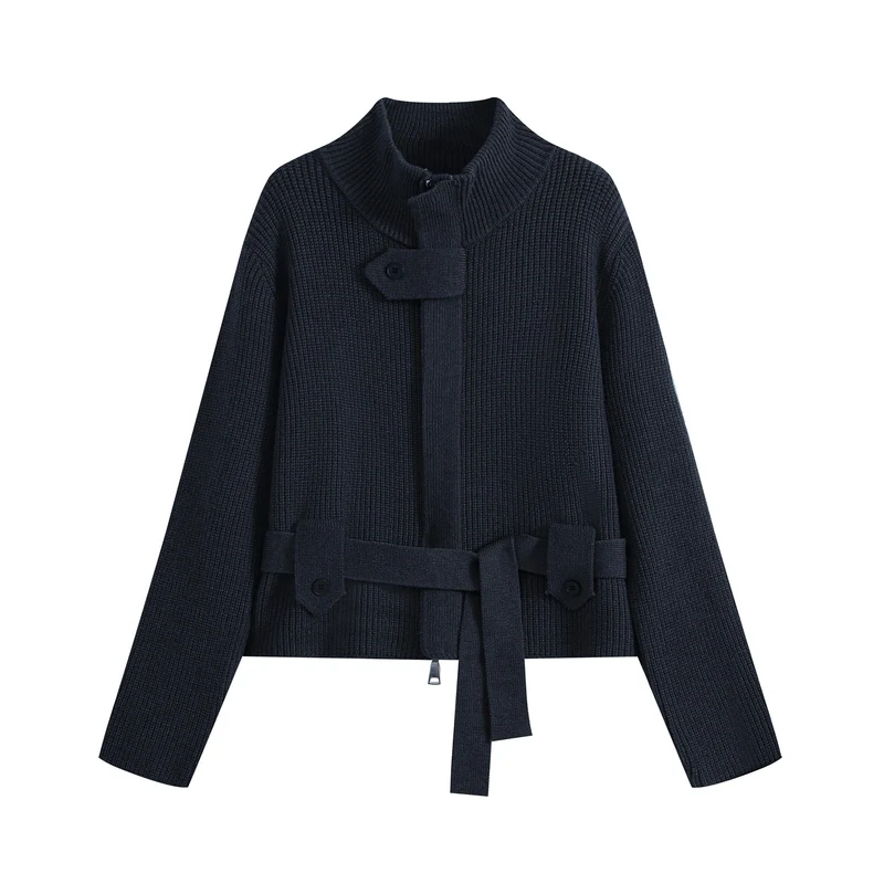 Damen Kurze Strickjacke im Blousonstil mit Stehkragen und Bindegürtel Drune