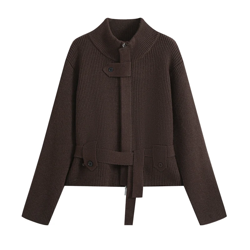 Damen Kurze Strickjacke im Blousonstil mit Stehkragen und Bindegürtel Drune