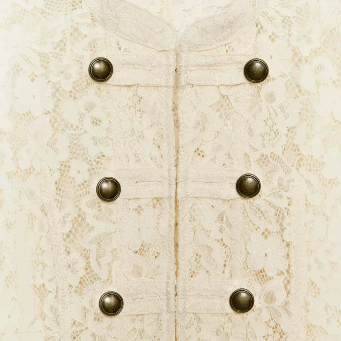 Damen Kurze Spitzenjacke im Military‑Look mit Stehkragen und Zierknopfleiste Drune