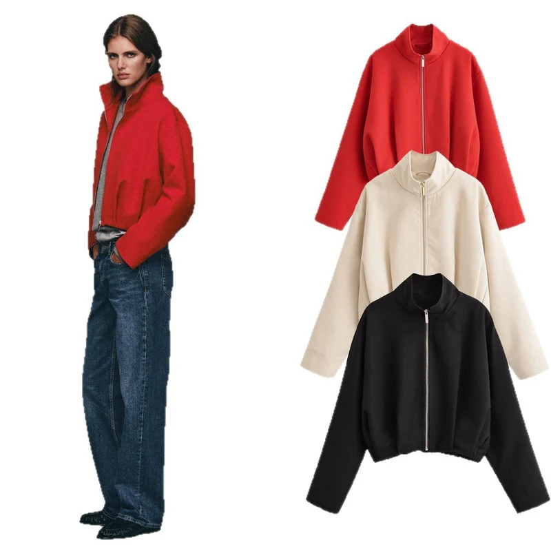 Damen Kurze Oversize‑Bomberjacke mit Stehkragen, Reißverschluss und kastiger Silhouette Drune