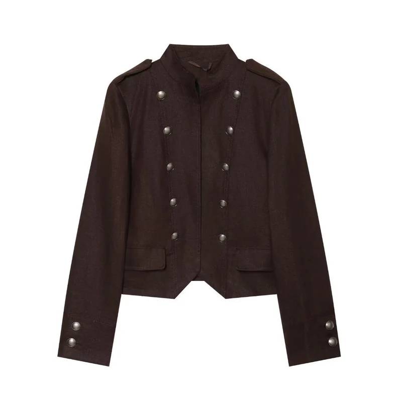 Damen Kurze Militärjacke im Uniformstil mit Stehkragen und dekorativen Druckknöpfen Drune