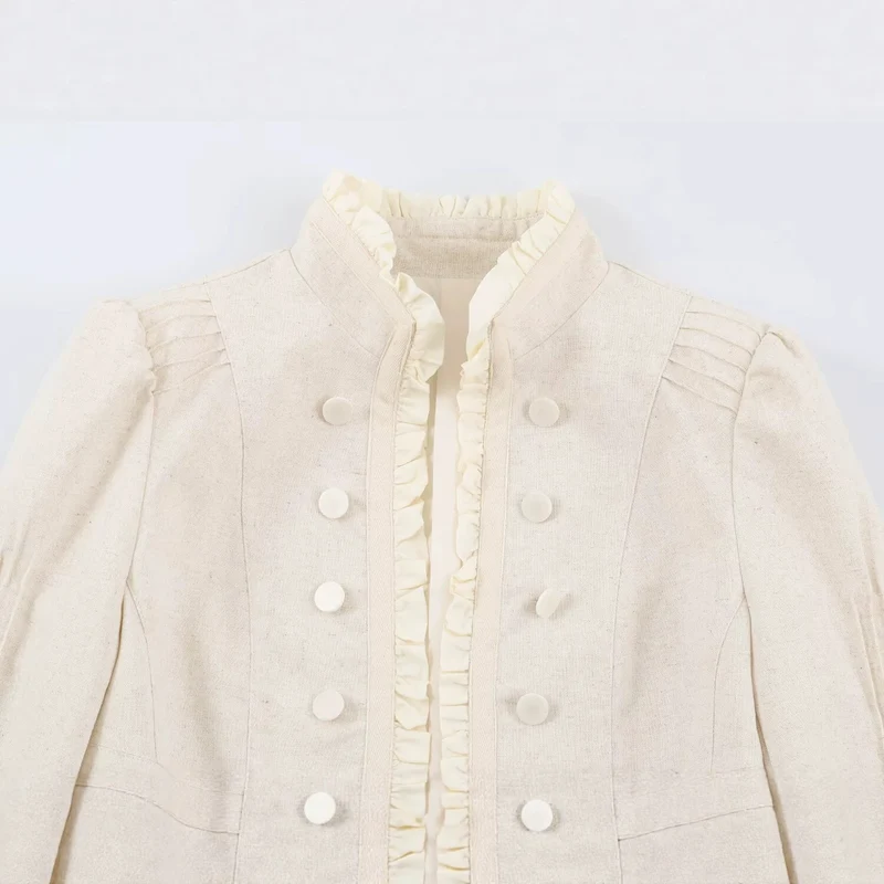 Damen Kurze Leinenoptik‑Jacke mit Rüschenstehkragen und dekorativer Doppelknopfleiste Drune