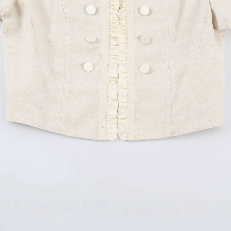 Damen Kurze Leinenoptik‑Jacke mit Rüschenstehkragen und dekorativer Doppelknopfleiste Drune