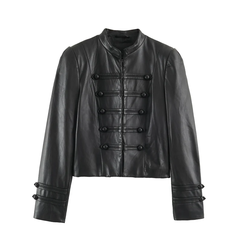 Damen Kurze Lederoptik‑Jacke im Military‑Look mit Stehkragen und Zierknopfleiste Drune