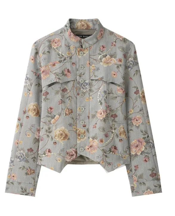 Damen Kurze Jacquard‑Blousonjacke mit Stehkragen, floraler Jacquard‑Stickerei und Pattentaschen Drune