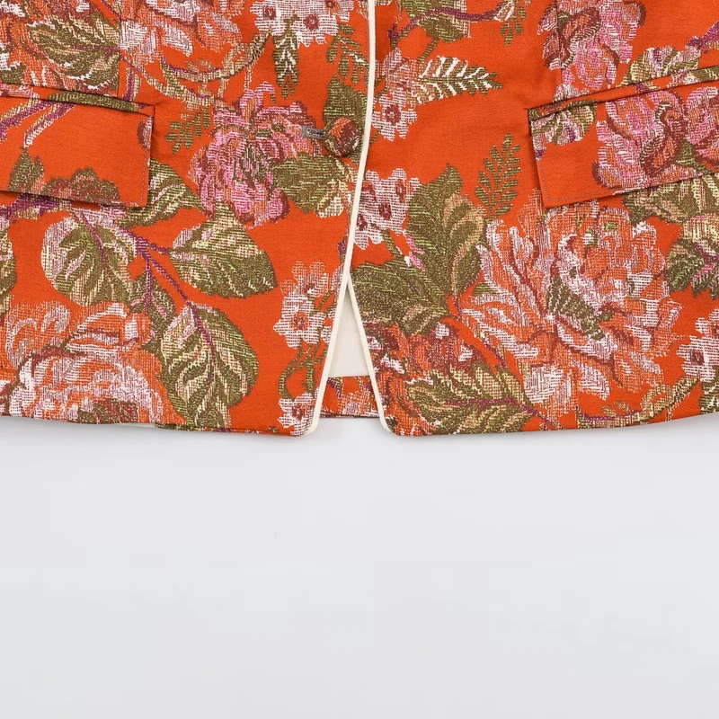 Damen Kurze Jacquard-Blazerjacke mit Blumenmuster und Stehkragen Drune