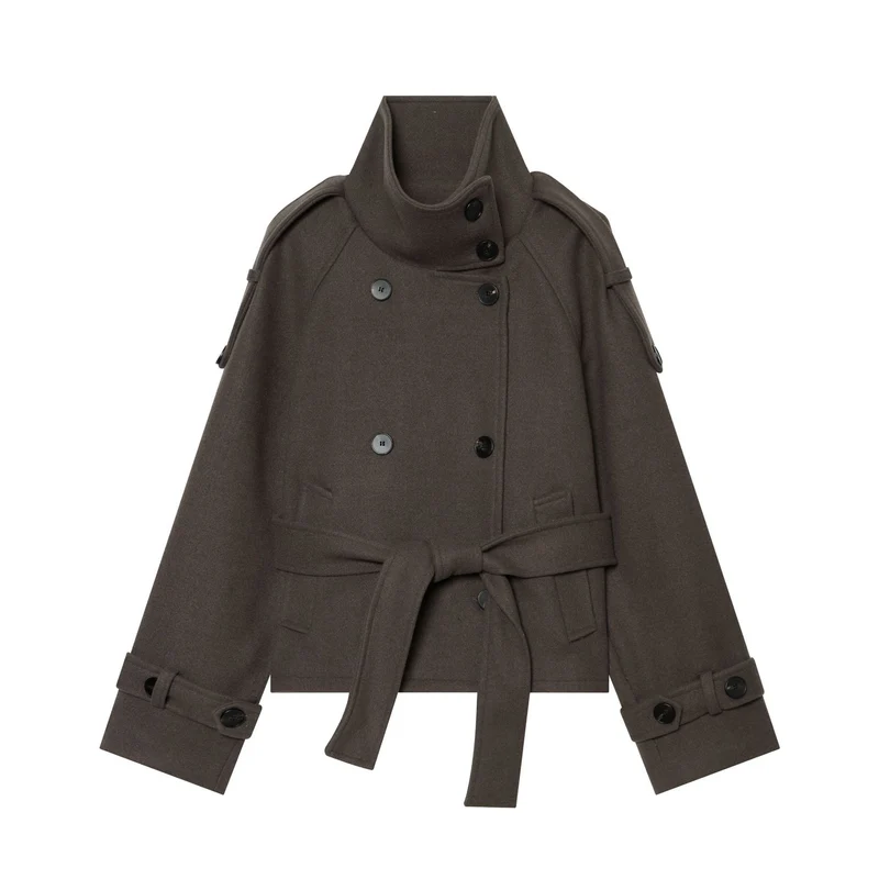Damen Kurze doppeltreihige Wollmix‑Capejacke mit hohem Stehkragen und Taillengürtel Drune