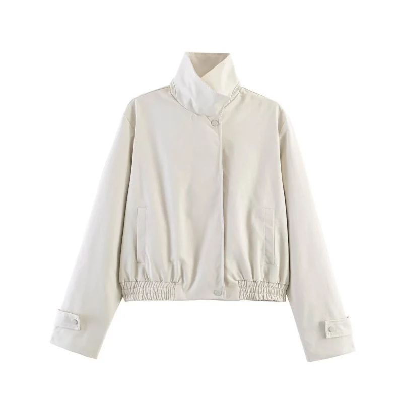 Damen Kurze Cropped-Blousonjacke mit hohem Stehkragen, elastischem Saum und Druckknopfverschluss Drune