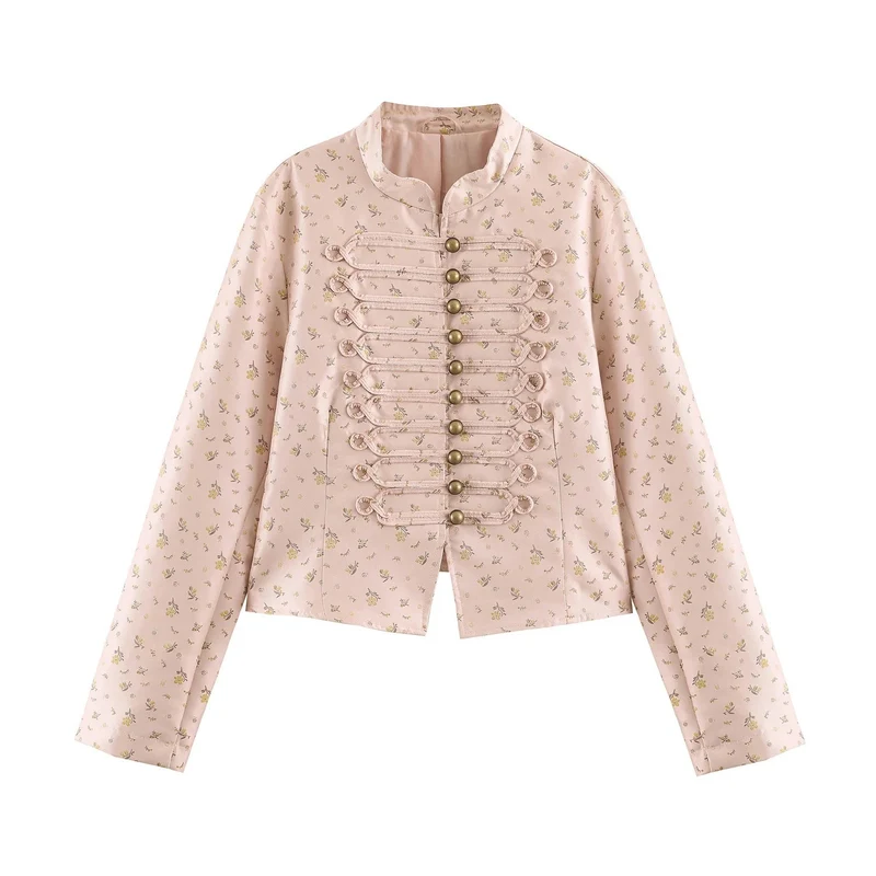 Damen Kurze Brokatoptik Militärblousonjacke mit Froschknopfleiste Drune