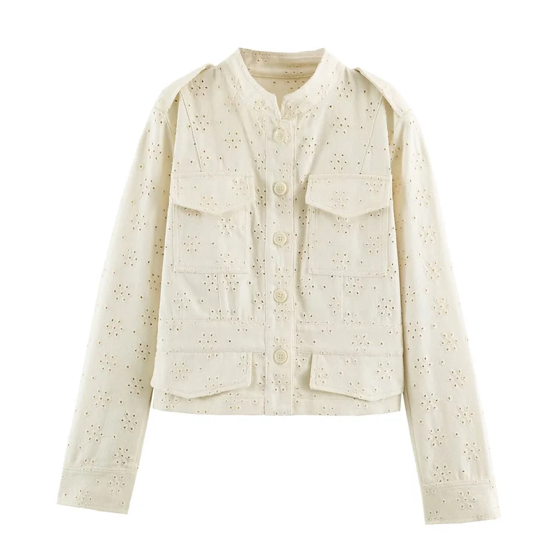 Damen Kurze Broderie‑Anglaise Jacke im Utilitarstil mit Stehkragen und Pattentaschen Drune