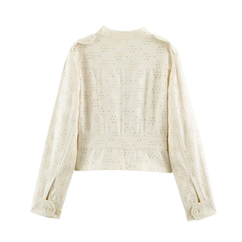 Damen Kurze Broderie‑Anglaise Jacke im Utilitarstil mit Stehkragen und Pattentaschen Drune