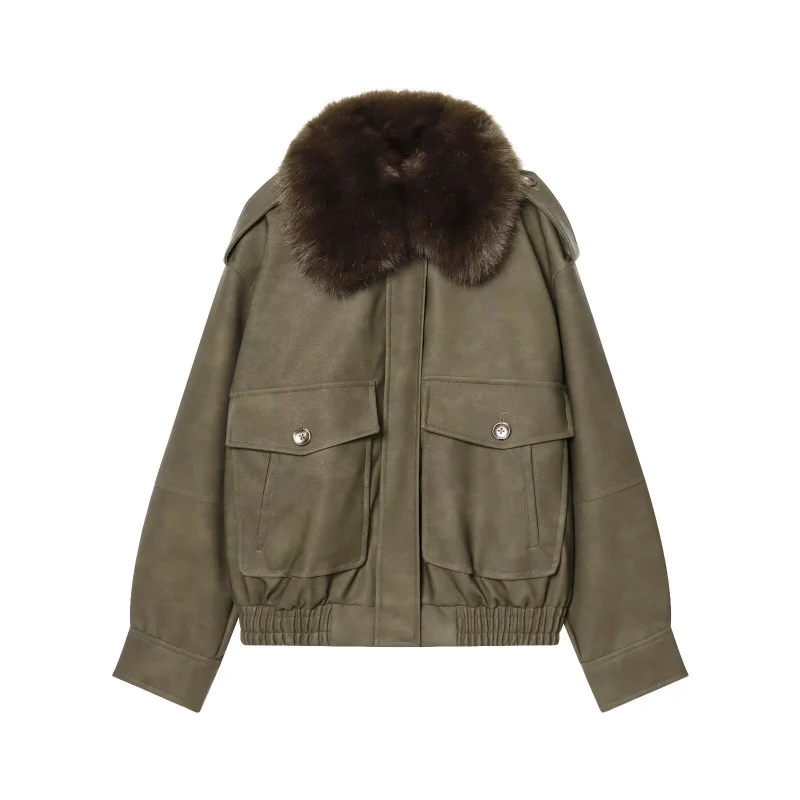 Damen Kurze Bomberjacke im Veloursleder‑Look mit voluminösem Fellkragen, Pattentaschen und elastischem Saum Drune
