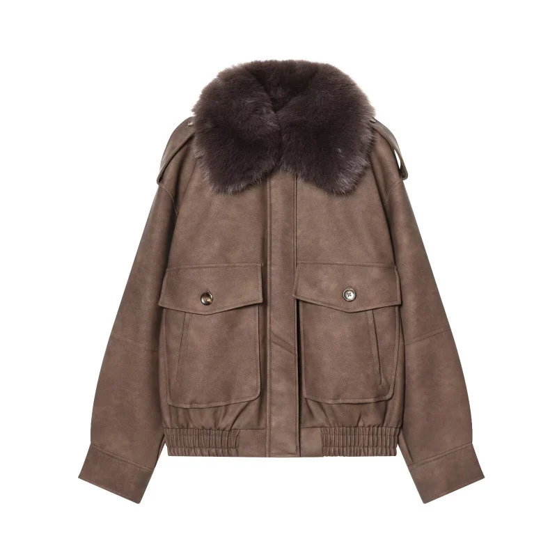 Damen Kurze Bomberjacke im Veloursleder‑Look mit voluminösem Fellkragen, Pattentaschen und elastischem Saum Drune