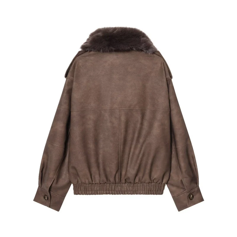 Damen Kurze Bomberjacke im Veloursleder‑Look mit voluminösem Fellkragen, Pattentaschen und elastischem Saum Drune
