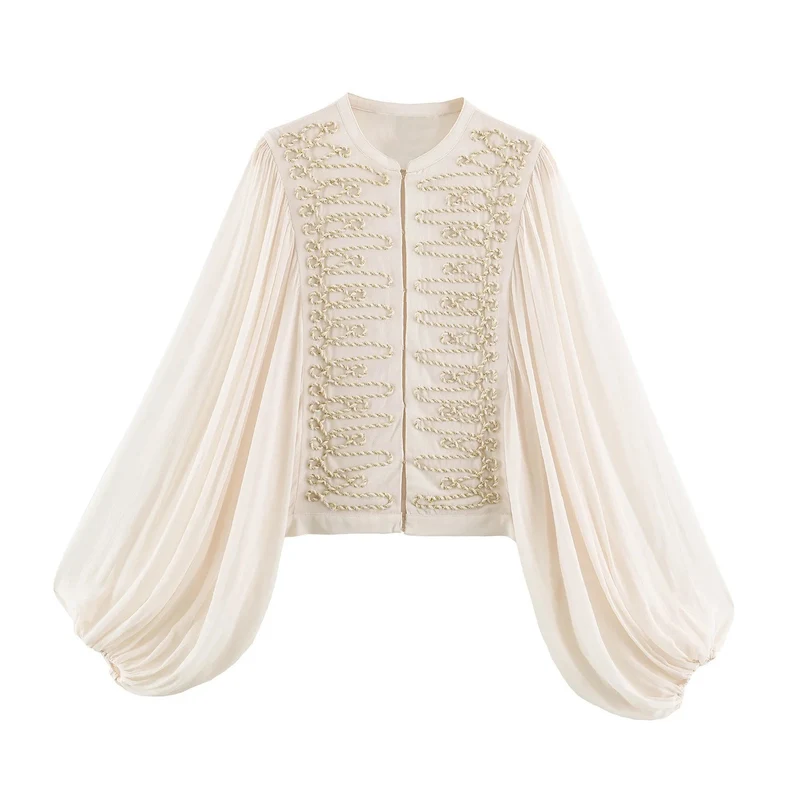 Damen Kurze Bluse‑Jacke mit dekorativer Kordelverzierung und voluminösen Plisseeärmeln Drune