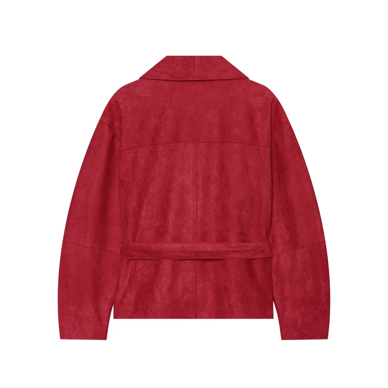 Damen Kurze Bindegürtel-Jacke aus weichem Veloursimitat mit Schalkragen Drune