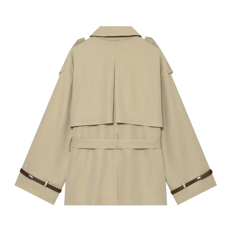 Damen Kurzcape-Trenchcoat mit doppelreihiger Knopfleiste, Schulterklappen und Taillengürtel Drune