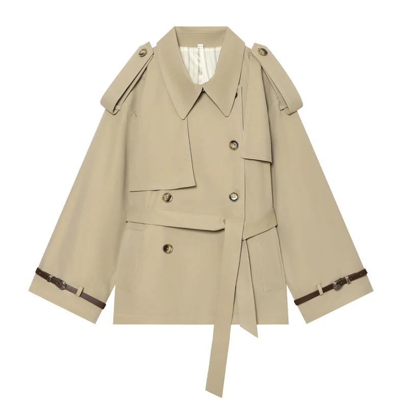 Damen Kurzcape-Trenchcoat mit doppelreihiger Knopfleiste, Schulterklappen und Taillengürtel Drune