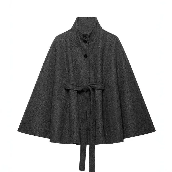 Damen Kurzcape aus Wollmix mit hohem Stehkragen und Bindegürtel Drune