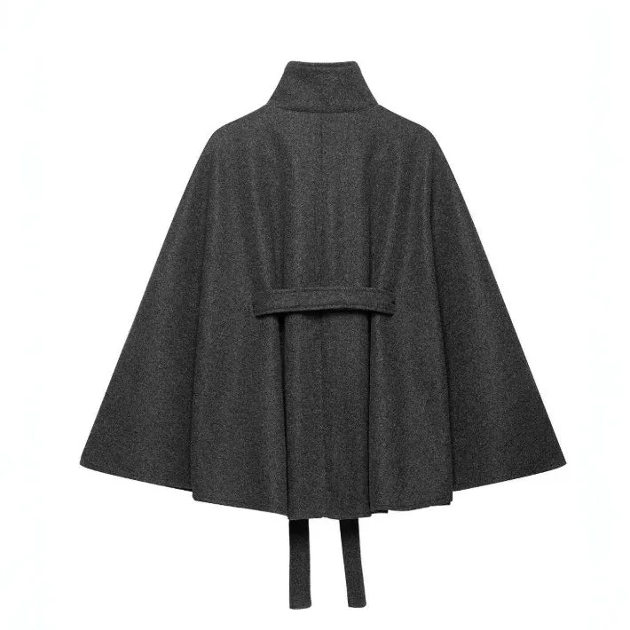Damen Kurzcape aus Wollmix mit hohem Stehkragen und Bindegürtel Drune