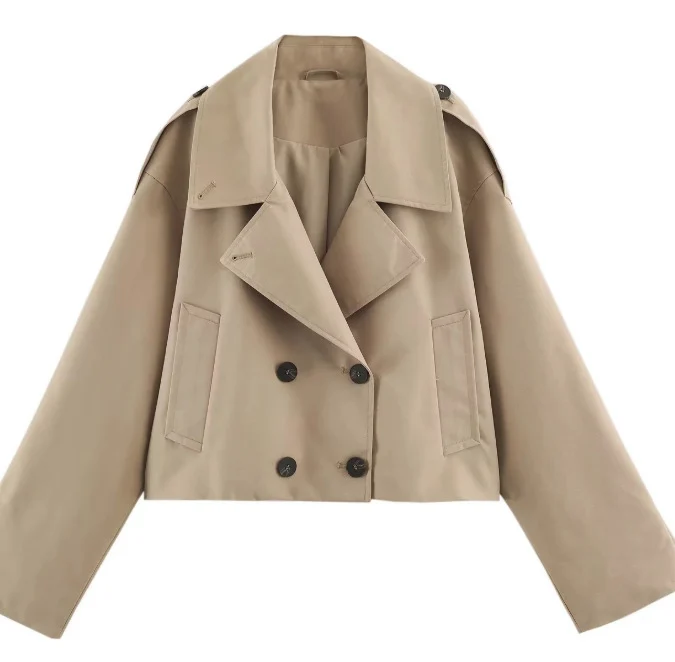 Damen Kurzblouson im Trenchstil mit Boxy‑Silhouette und zweireihiger Knopfleiste Drune