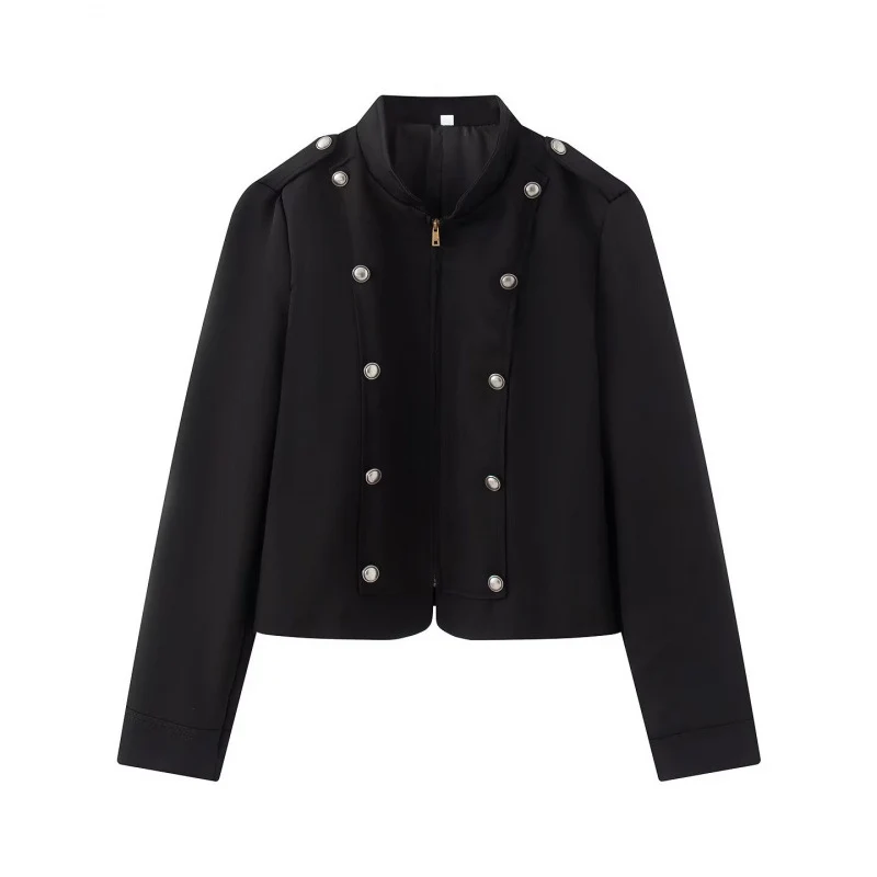 Damen Kurzblouson im Military‑Cut mit Stehkragen, Zierknopfreihen und Schulterpatten Drune