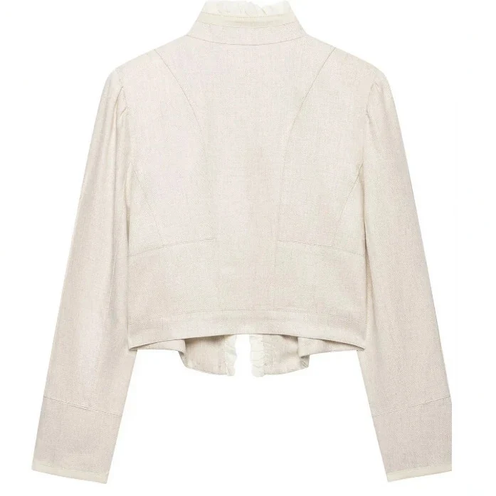 Damen Kurzblazer im Military‑Chic mit Stehkragen und Rüschenblende Drune