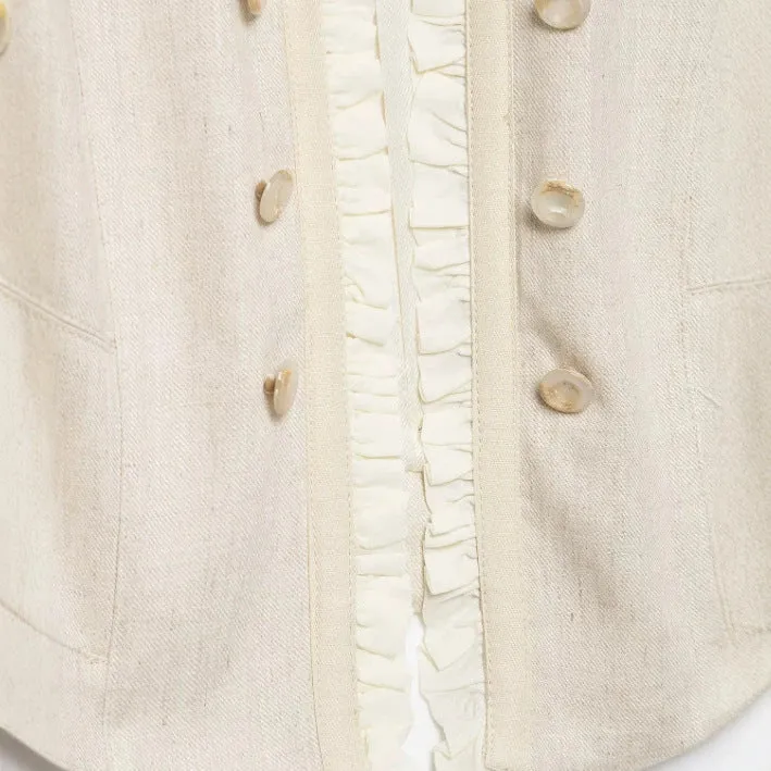 Damen Kurzblazer im Military‑Chic mit Stehkragen und Rüschenblende Drune