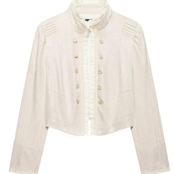 Damen Kurzblazer im Military‑Chic mit Stehkragen und Rüschenblende Drune