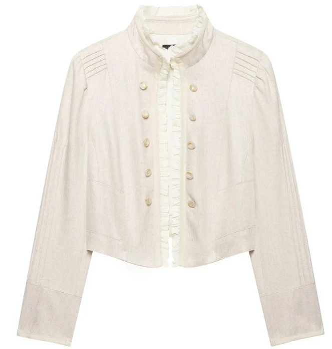 Damen Kurzblazer im Military‑Chic mit Stehkragen und Rüschenblende Drune