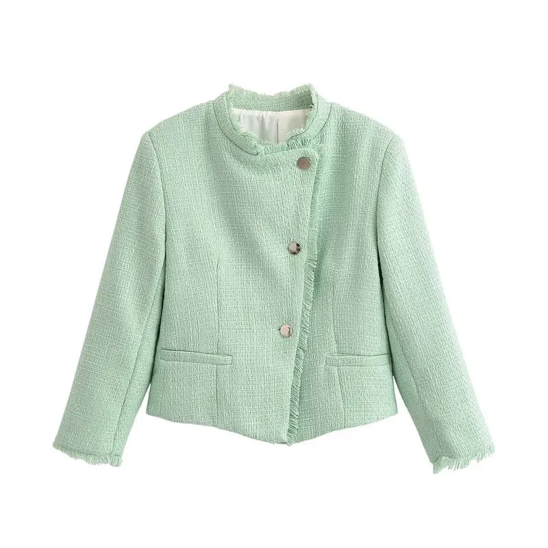 Damen Kurzblazer aus Bouclé‑Tweed mit Stehkragen, Fransenabschluss und taillierter Silhouette Drune