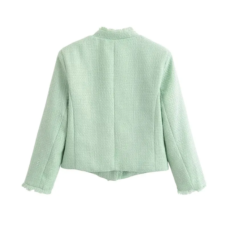 Damen Kurzblazer aus Bouclé‑Tweed mit Stehkragen, Fransenabschluss und taillierter Silhouette Drune