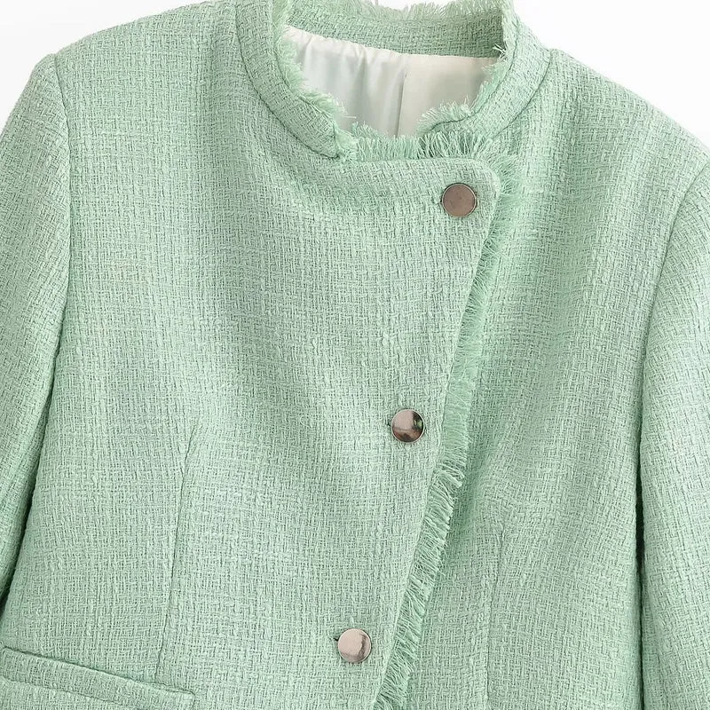 Damen Kurzblazer aus Bouclé‑Tweed mit Stehkragen, Fransenabschluss und taillierter Silhouette Drune