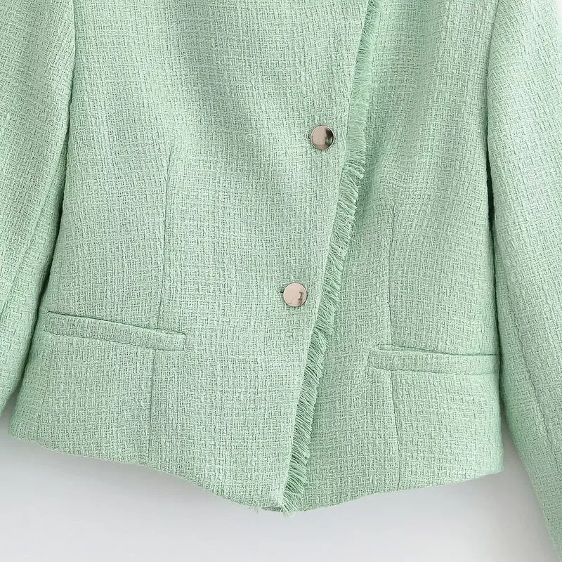 Damen Kurzblazer aus Bouclé‑Tweed mit Stehkragen, Fransenabschluss und taillierter Silhouette Drune