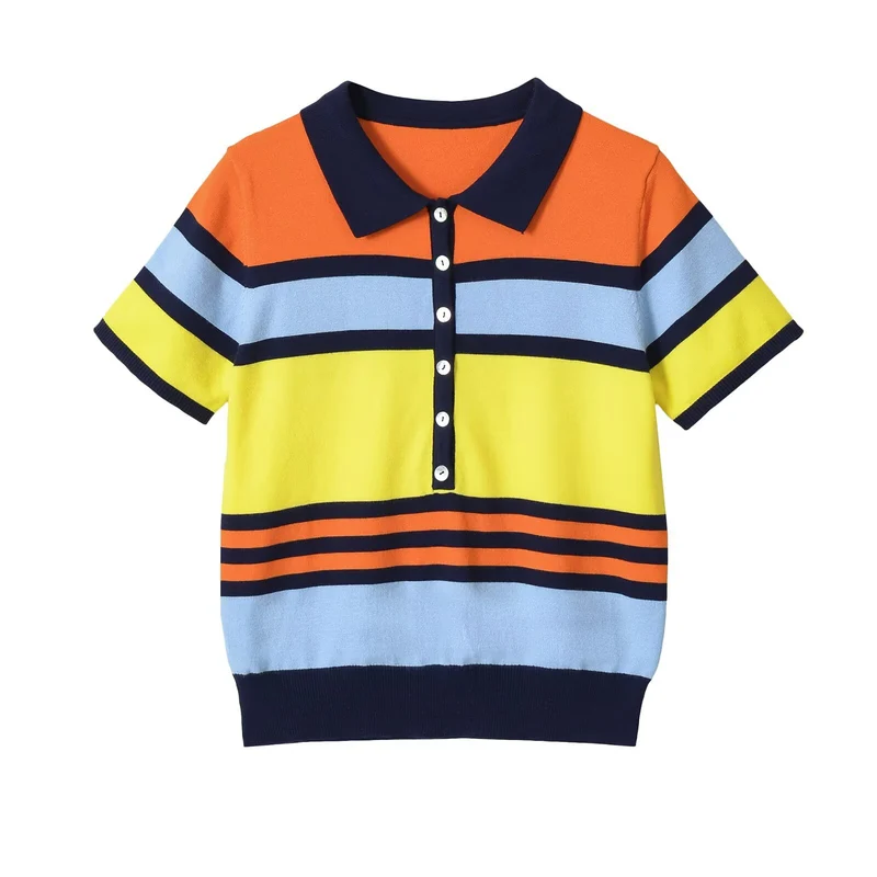 Damen Kurzärmeliges Strickpoloshirt mit Knopfleiste und Blockstreifen Drune