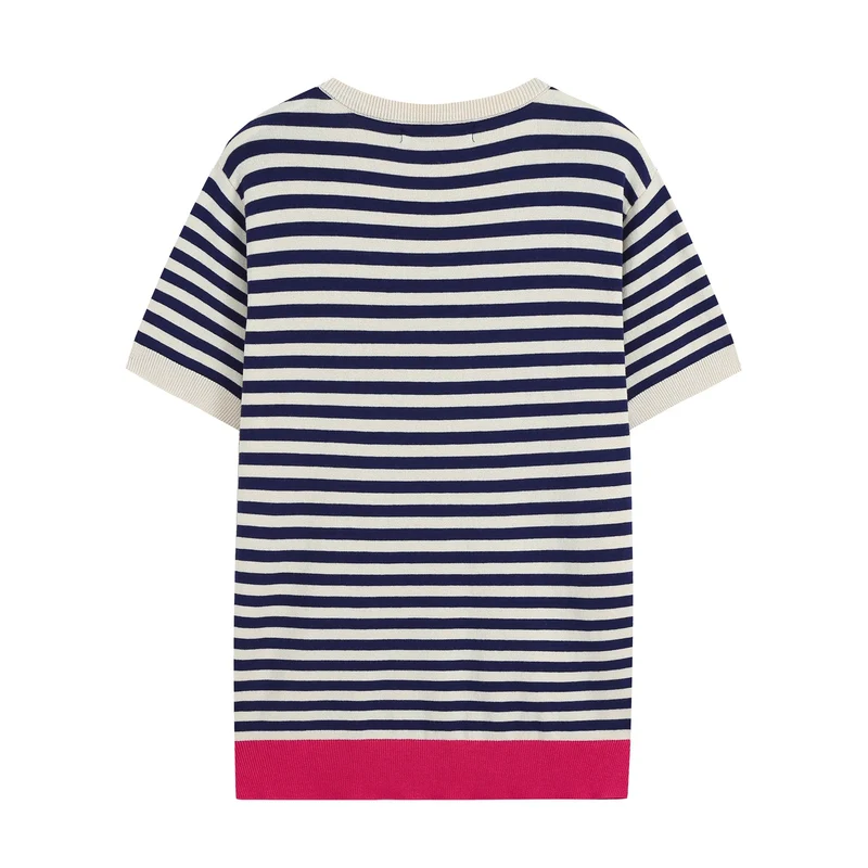 Damen Kurzärmeliges gestreiftes Ripp‑Strickshirt mit Kontrastbündchen Drune