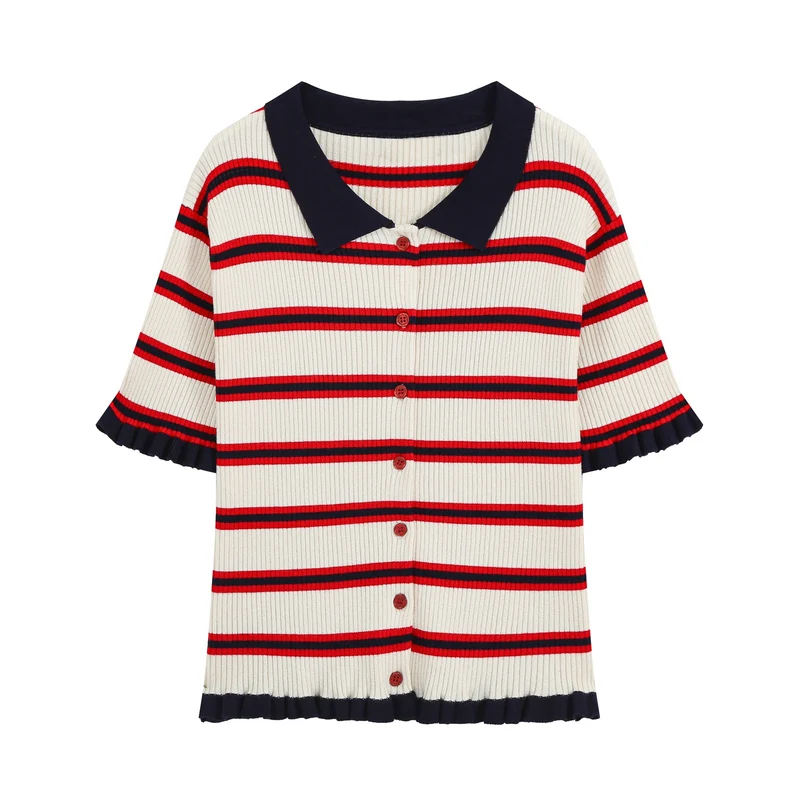 Damen Kurzärmelige gerippte Polokragen-Strickjacke mit Knopfleiste und Volantsaum Drune