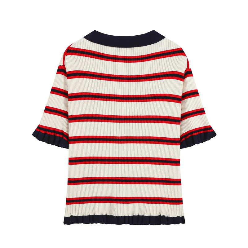 Damen Kurzärmelige gerippte Polokragen-Strickjacke mit Knopfleiste und Volantsaum Drune