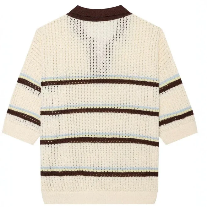 Damen Kurzarm Polo-Strickpullover mit V‑Ausschnitt, Strukturmuster und Streifendetail Drune